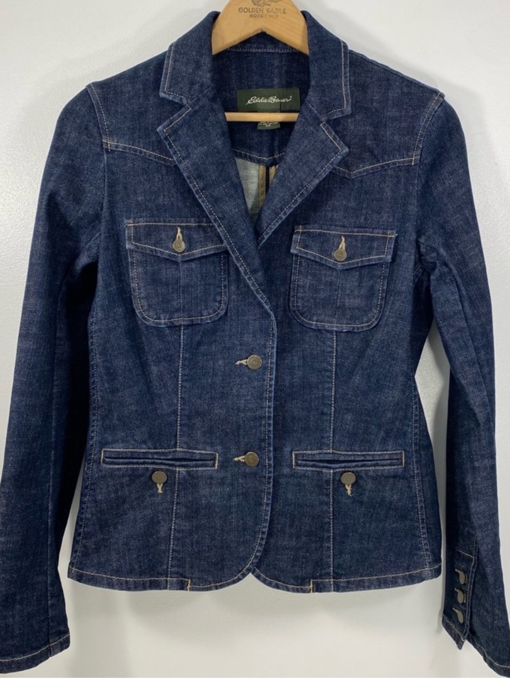 Eddie Bauer Classic Dark Wash Denim Blazer Jean Jacket Casual Suiting Stretch XS